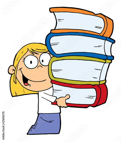 Smart Blond Caucasian School Girl Carrying A Stack Of Books