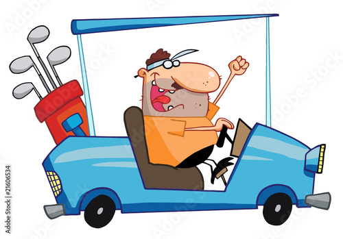 Happy Golfer Drives Golf Cart