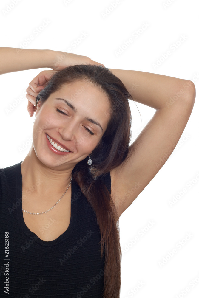Young woman covered her eyes with happiness. Isolated on white Young woman covered her eyes with happiness. Isolated on white