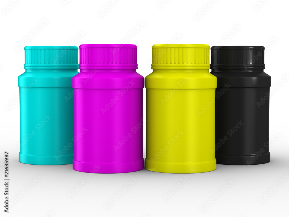 Bottle for tablets. CMYK. Isolated 3D image Bottle for tablets. CMYK. Isolated 3D image
