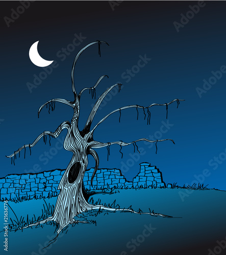 paisaje nocturno con árbol seco