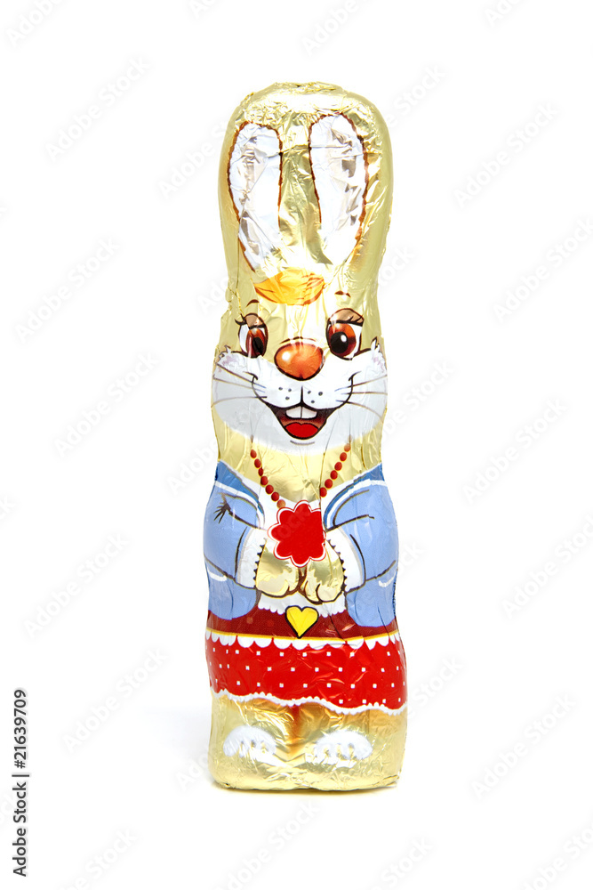 chocolate easter bunny over white background