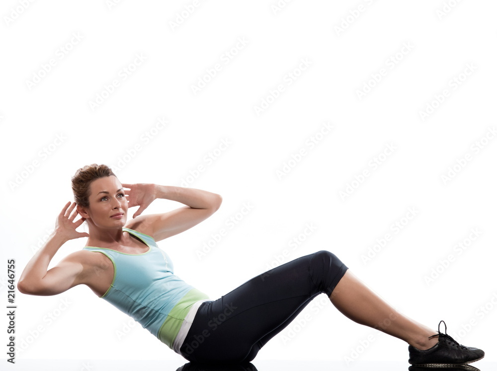 woman on Abdominals rotation workout on white background. woman on Abdominals rotation workout on white background.