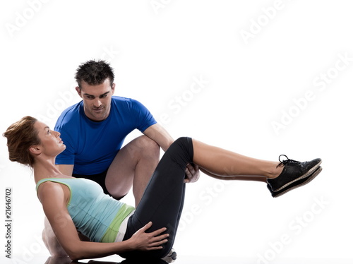 couple, on Abdominals workout posture on white background.