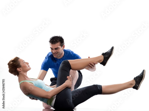 couple on Abdominals workout posture on white background