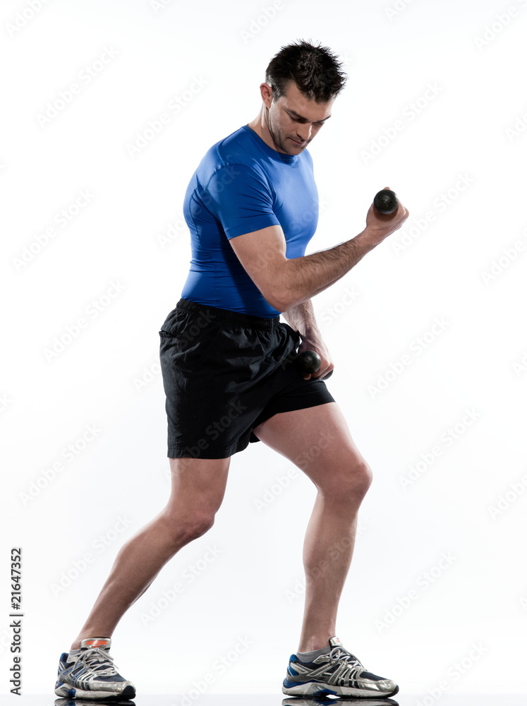 Fototapeta premium man doing biceps workout on white isolated background