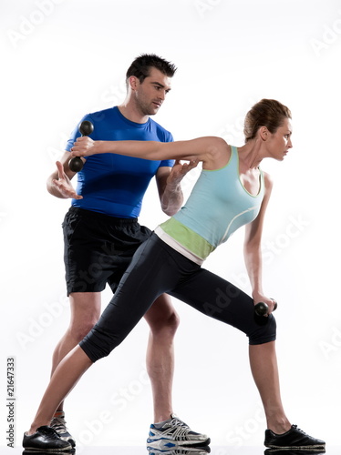 couple doing workout Lunges.Triceps Extension