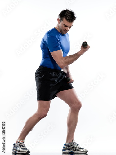 man doing biceps workout on white isolated background