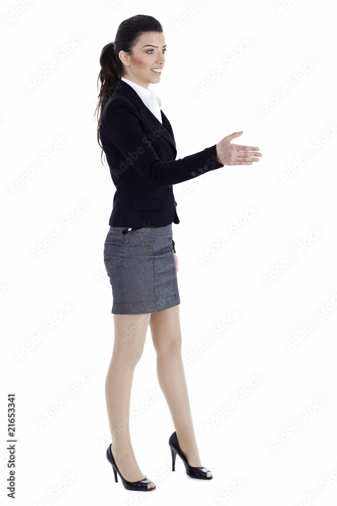 Beautiful young business woman gives open hand Beautiful young business woman gives open hand