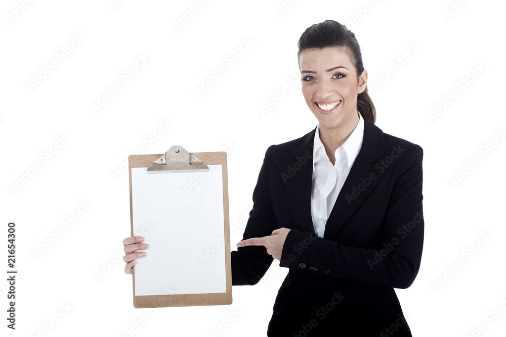 Smiling young business lady pointing the plain paper Smiling young business lady pointing the plain paper