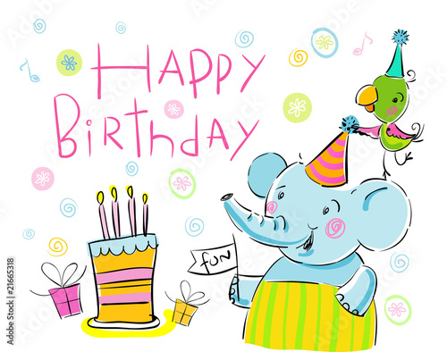 Happy Birthday, greetings from elephant and a parrot