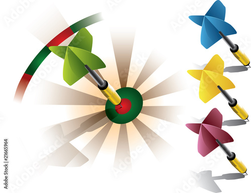 Colored darts on bullseye of a dartboard