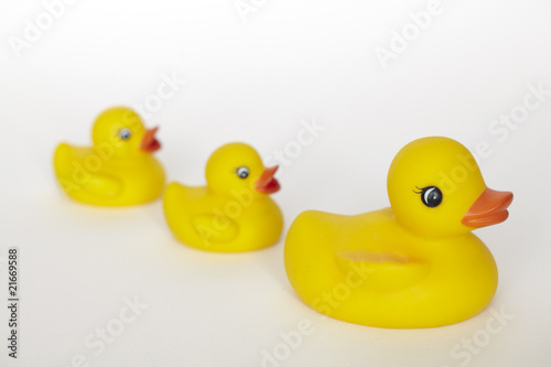 three yellow bath rubber ducks