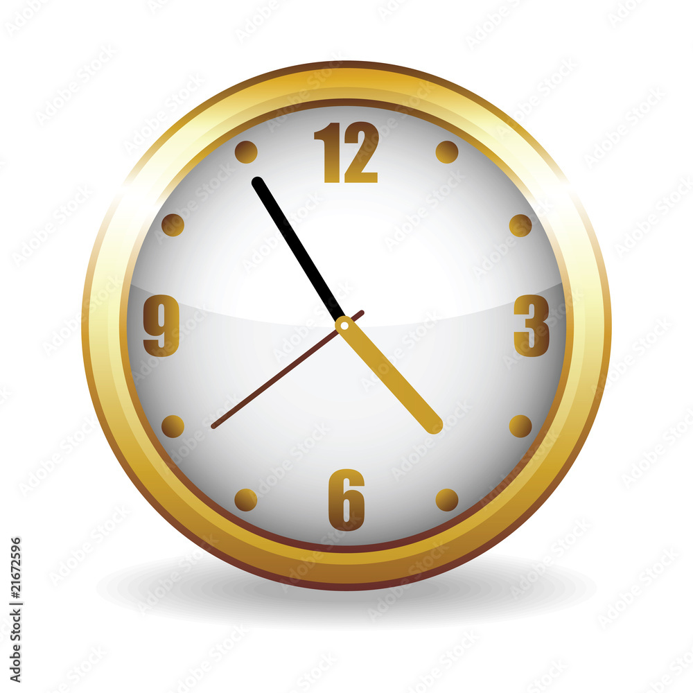 Golden clock on a white background, (vector illustration). Golden clock on a white background, (vector illustration).