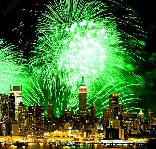 The New York City skyline and fireworks