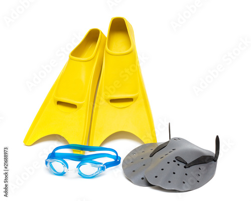 Swimming equipment, flippers goggles paddles