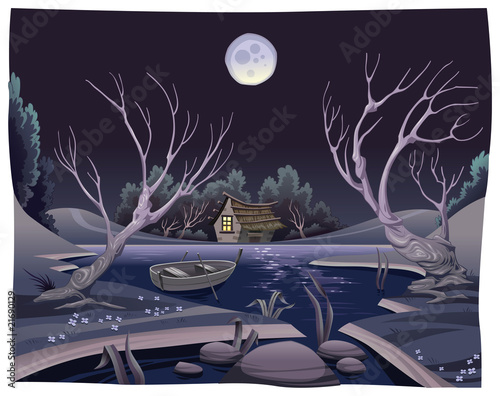Pond in the night. Funny cartoon and vector illustration