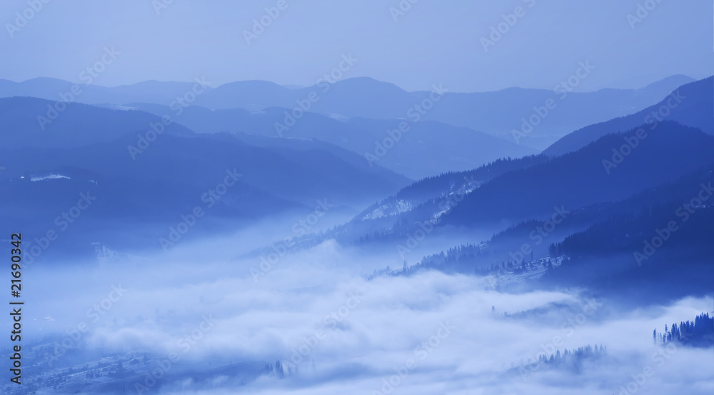 Blue mountains in a fog