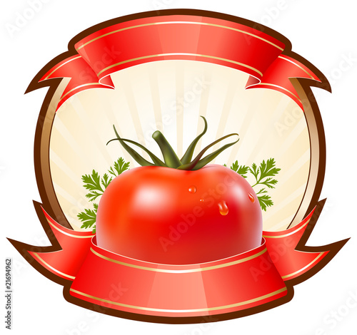 Label for a product (ketchup, sauce) with vector  tomato.