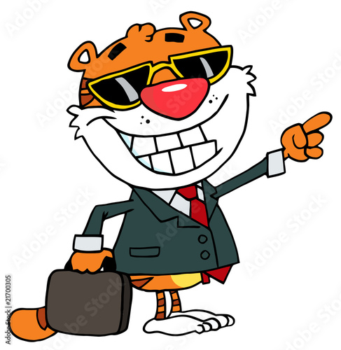 Cartoon Character Happy Tiger Pointing Towards Success