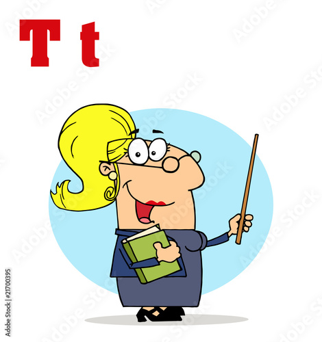 Funny Cartoons Alphabet-Female Teacher With Letters T