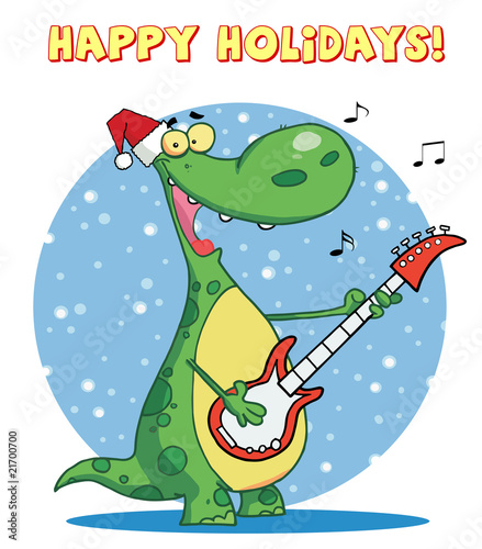 Dinosaur plays guitar with santa hat with happy holidays sign © HitToon.com
