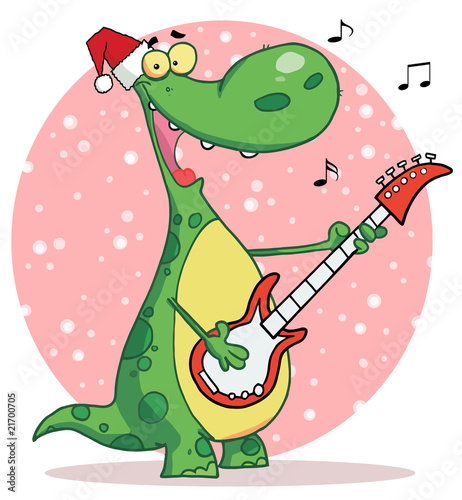 Dinosaur plays guitar with santa hat © HitToon.com