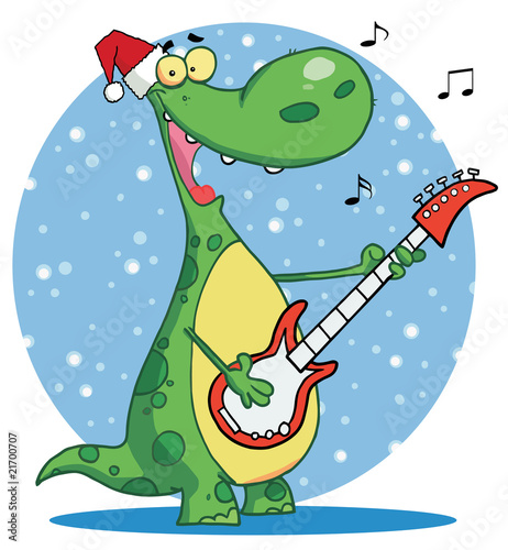Dinosaur plays guitar with santa ha infront