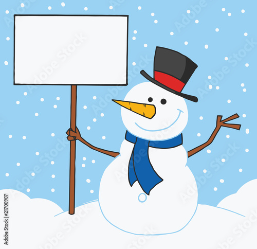 Snowman Holding A Blank Sign In The Snow