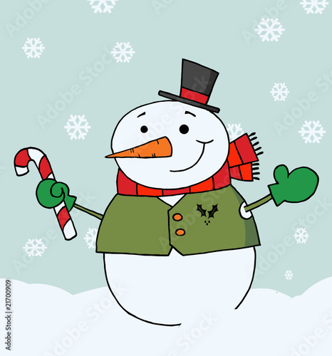 Happy Snowman Holding A Candy Cane