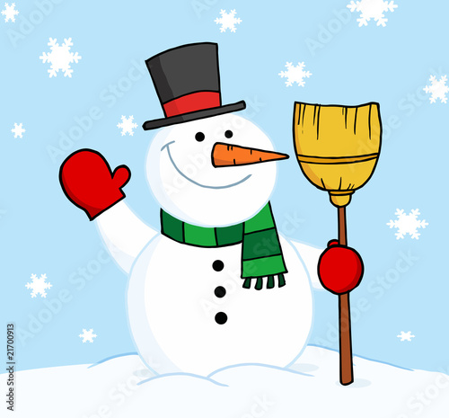 Snowman Holding A Broom And Waving