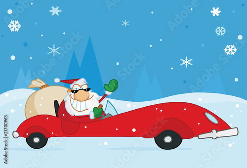 Christmas Santa Waving From His Red Sports Car