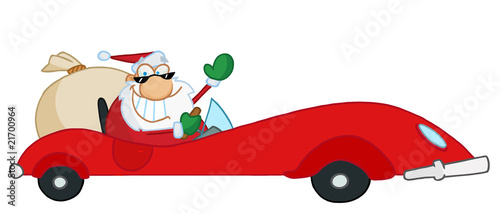Christmas Santa Waving And Driving His Red Sports Car