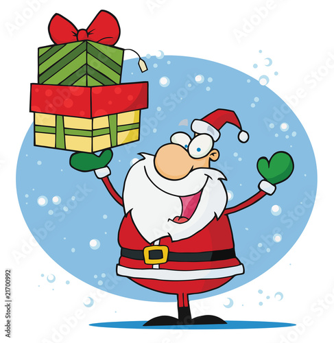 Christmas Santa Holding Up A Stack Of Gifts In
