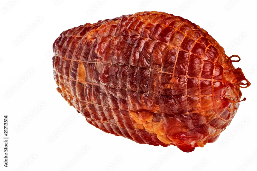 Big tasty smoked ham isolated over white background.