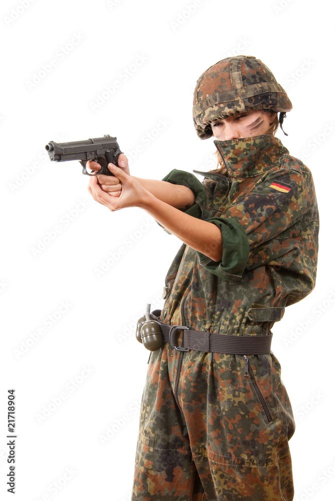Military woman aiming Military woman aiming