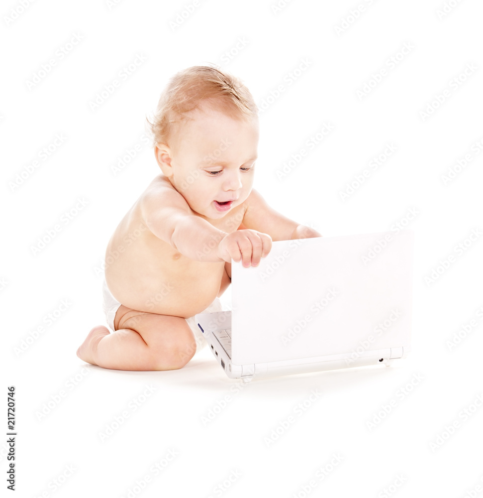 baby boy in diaper with laptop computer baby boy in diaper with laptop computer
