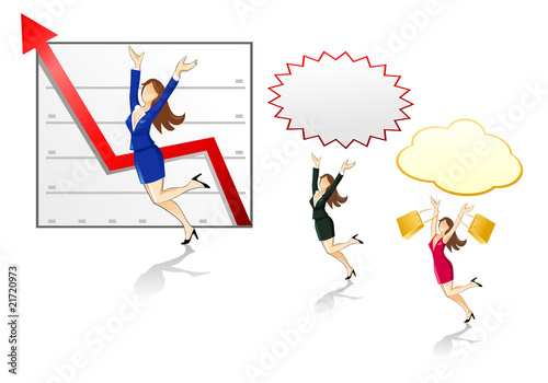 Businesswomen jumping with speech bubbles and arrow