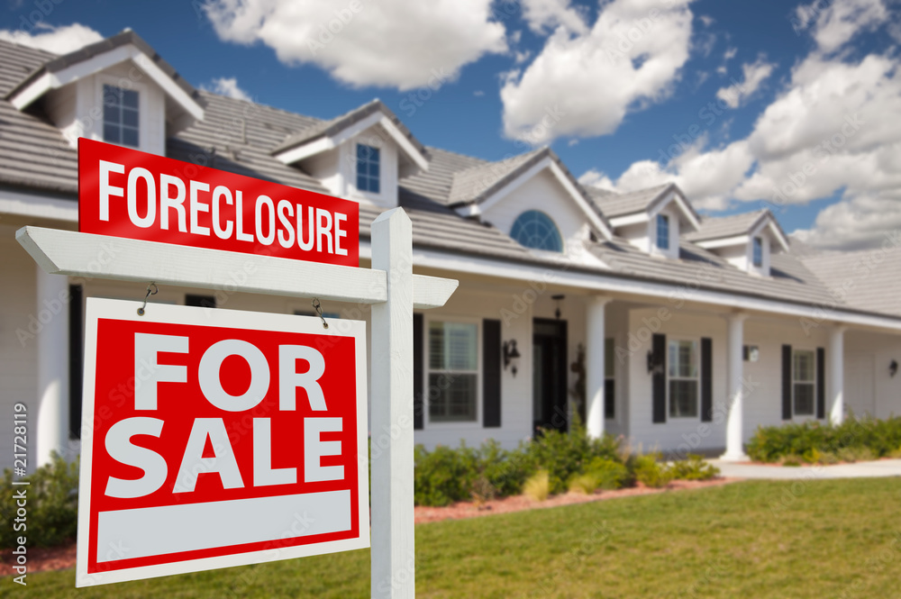 Foreclosure Real Estate Sign and House - Left Foreclosure Real Estate Sign and House - Left