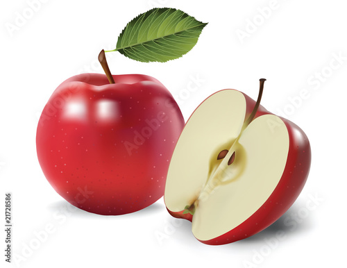 Red apples and leaves on a white background