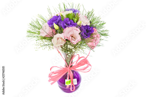 colourful bouquet designed vase on white background
