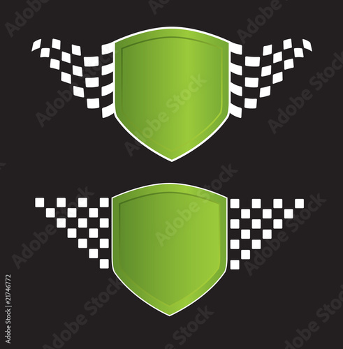 Green shield with racing sign on the black