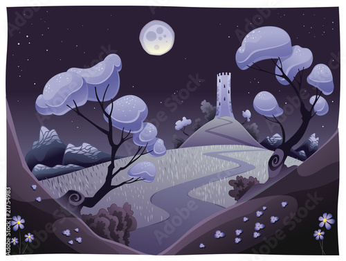 Landscape with tower in the night. Vector illustration.