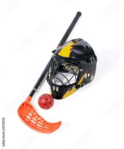 floorball stick, helmet and ball