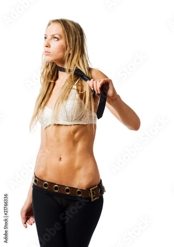 Young slim woman wearing bra on white background