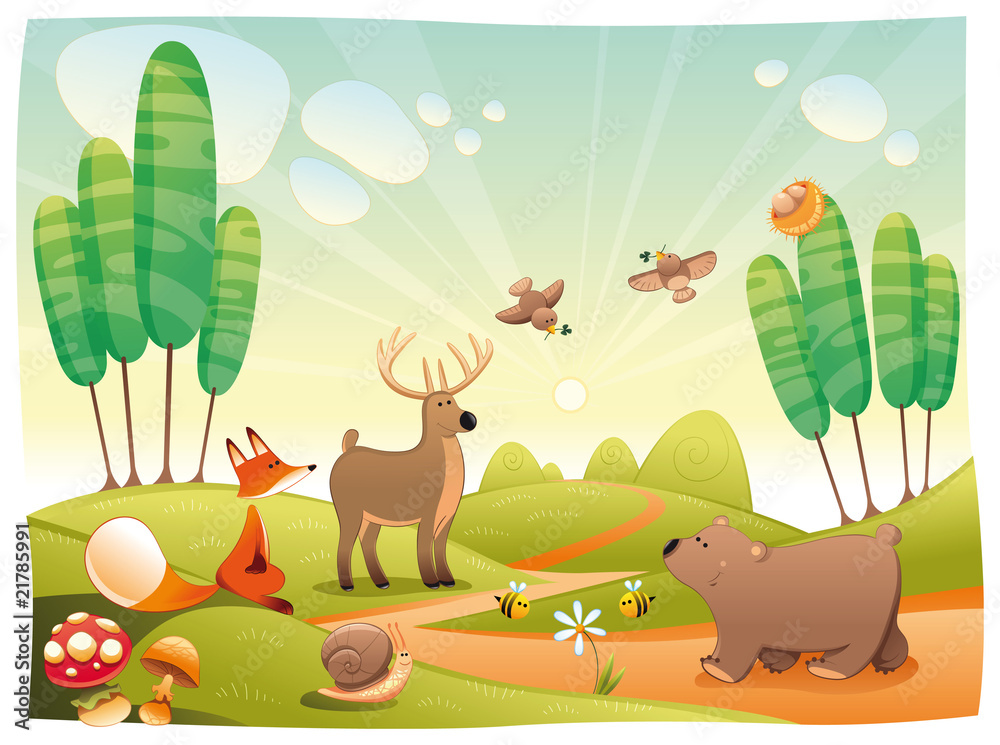Fototapeta premium Animals in the wood. Funny cartoon and vector illustration