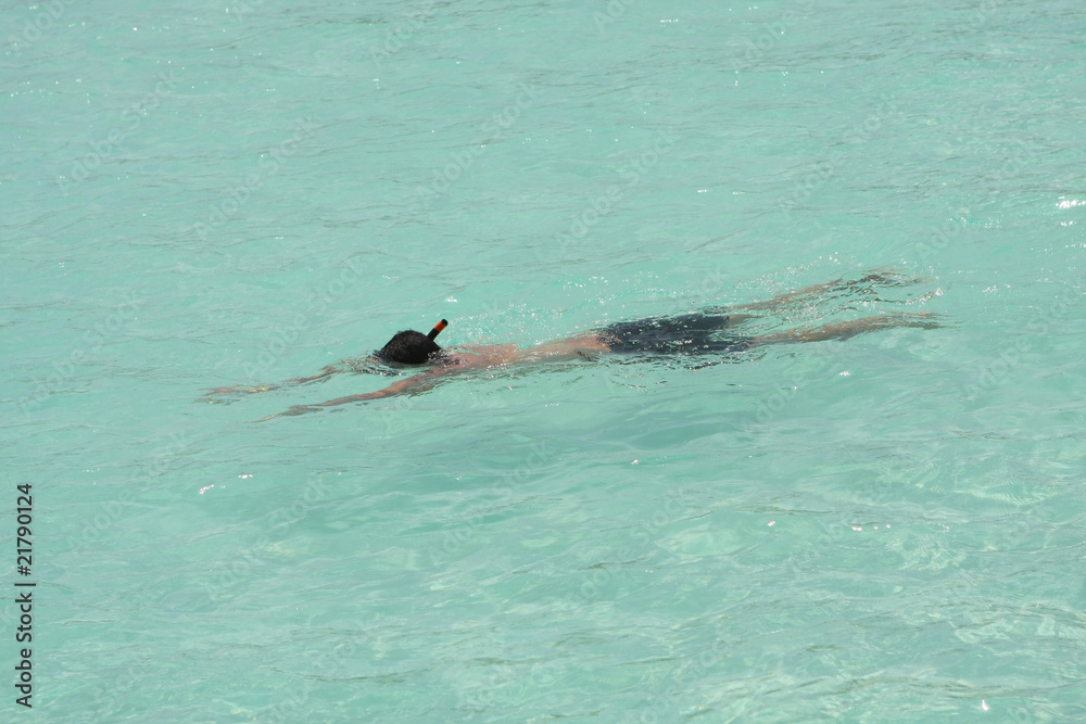 Obraz premium Man snorkeling in crystal clear