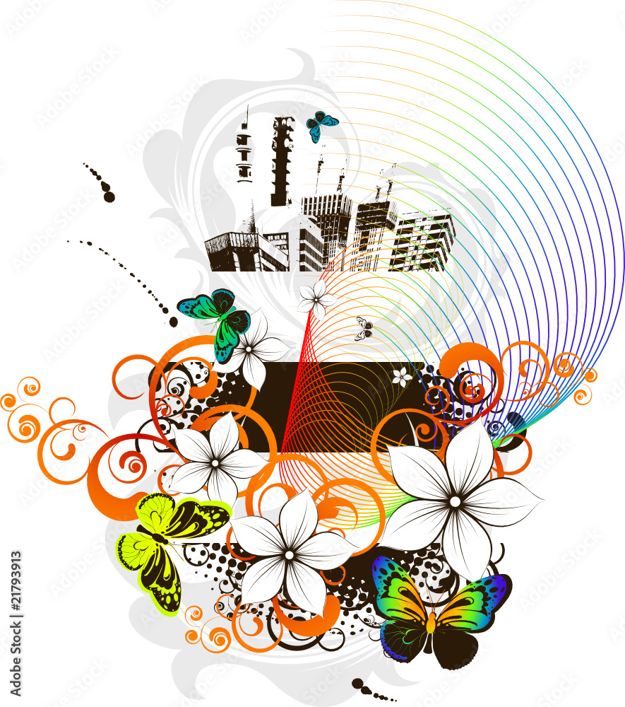 Obraz premium Floral grunge city life theme with butterflies