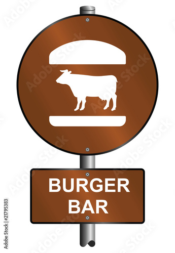 Burger bar graphic and text sign mounted on post