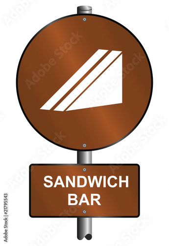 Sandwich, bar graphic and text sign mounted on post